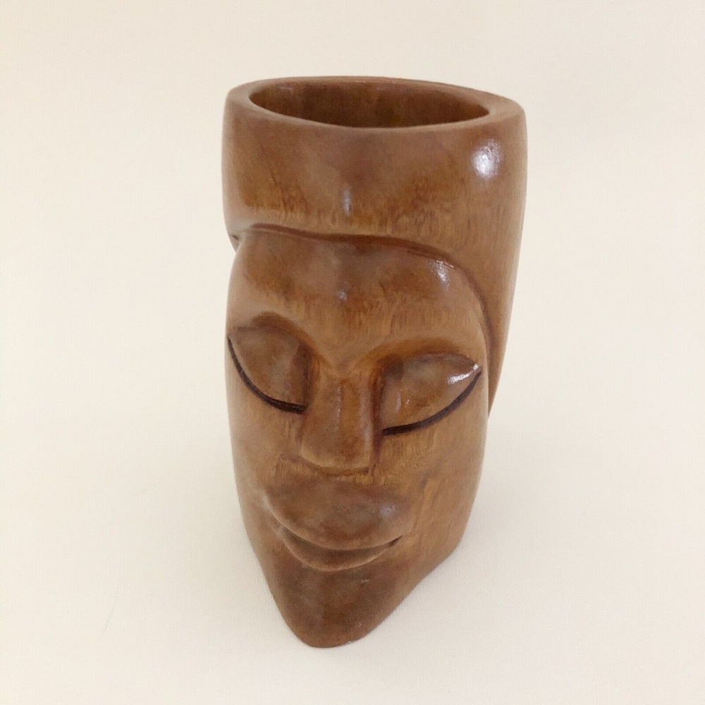 Vtg African Hand Carved Wooden Face Mug Cup Tribal Primitive Eyes Closed 6" Tall